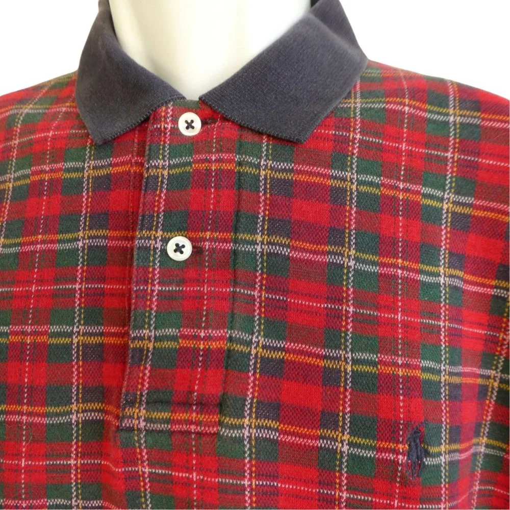 Ralph Lauren Polo Vintage Tartan Plaid Polo Shirt Short Sleeve Navy Knit Collar
